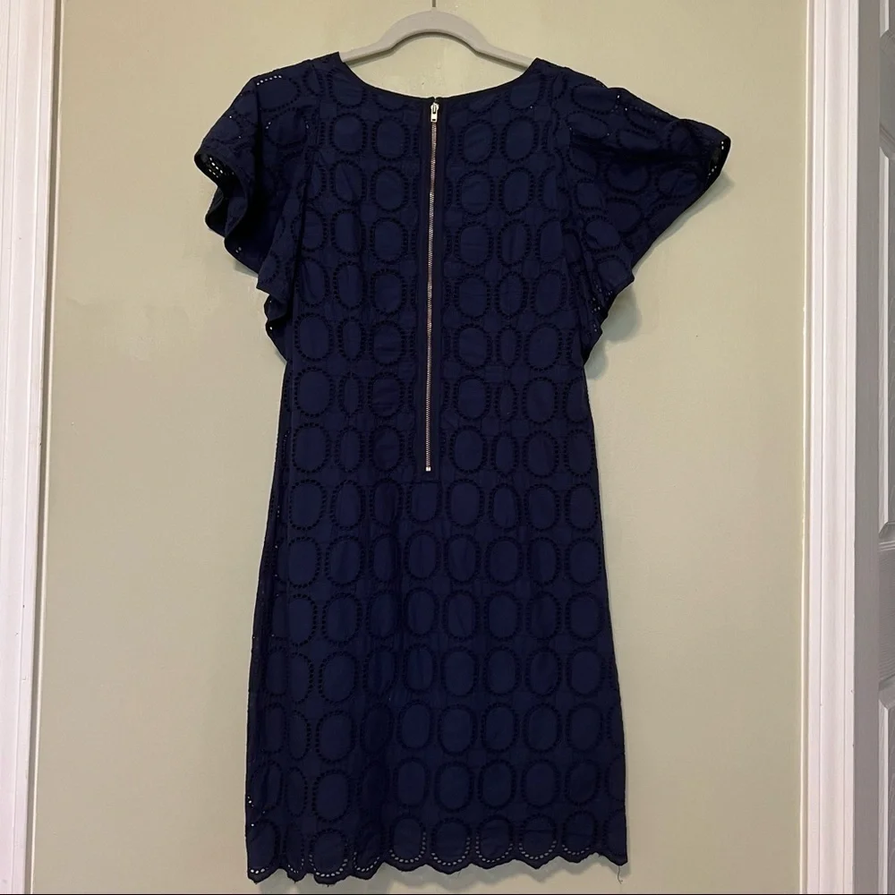 J. Crew Factory Scalloped Eyelet Navy Blue Shift Dress With Flutter Sleeve Sz 2